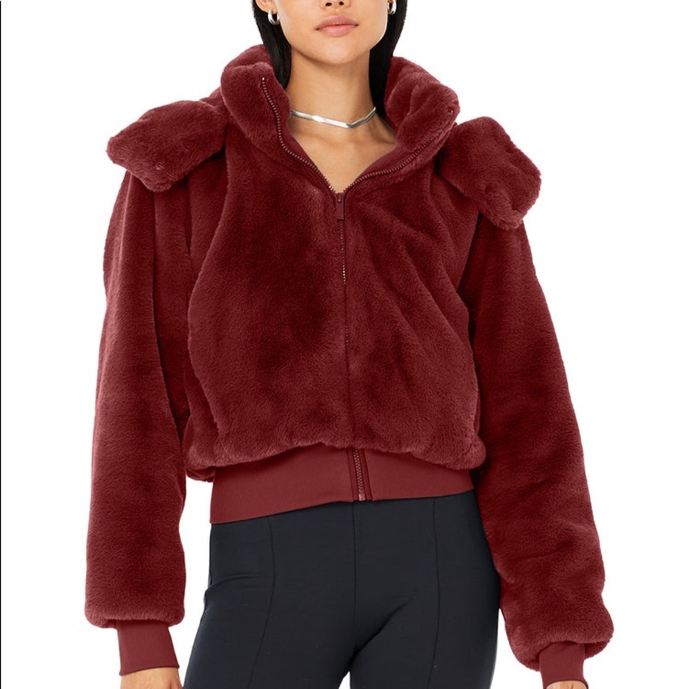 Alo Burgundy Faux Fur Foxy Jacket - Size XS